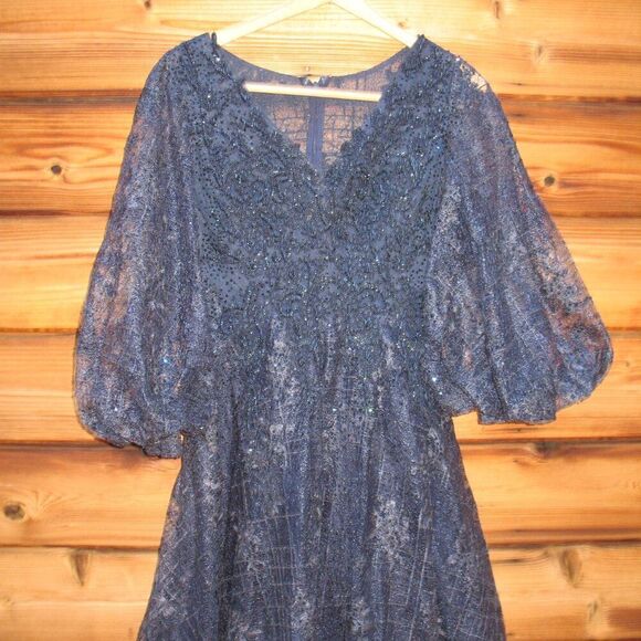 MAC DUGGAL 20283 Womens Blue Embellished Plunge Neck Puff Sleeve A Line Gown - Picture 7 of 14